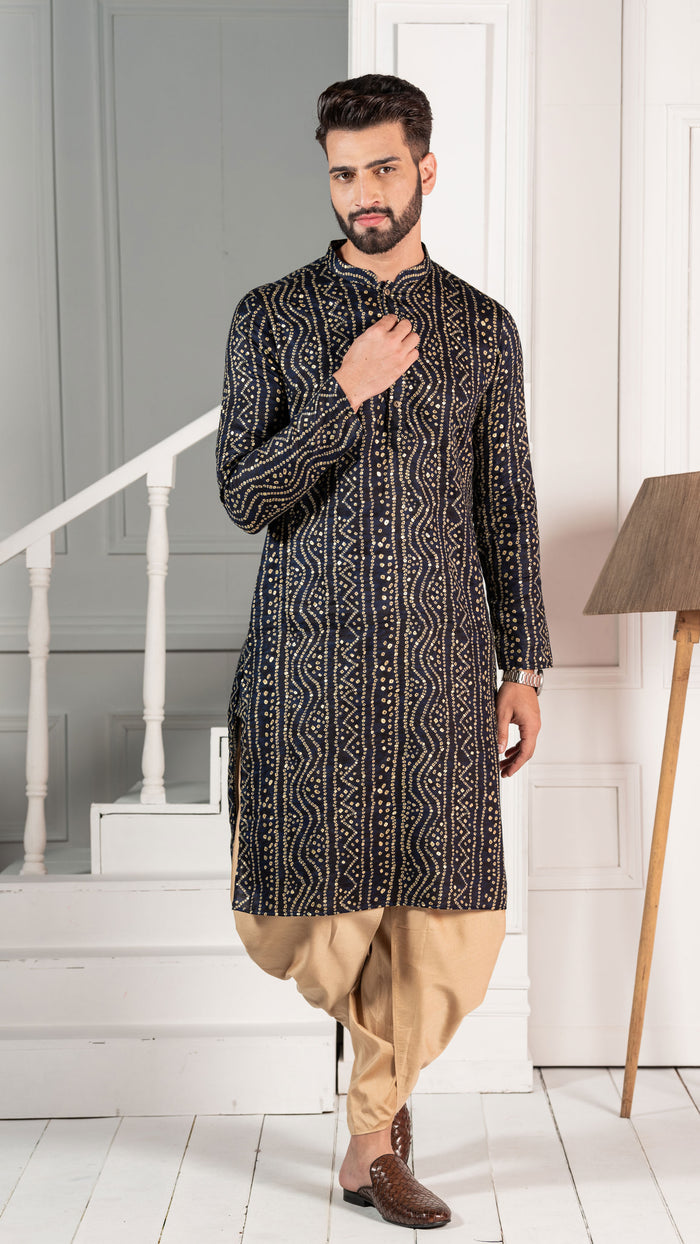 Men Navy Bandhani Kurta
