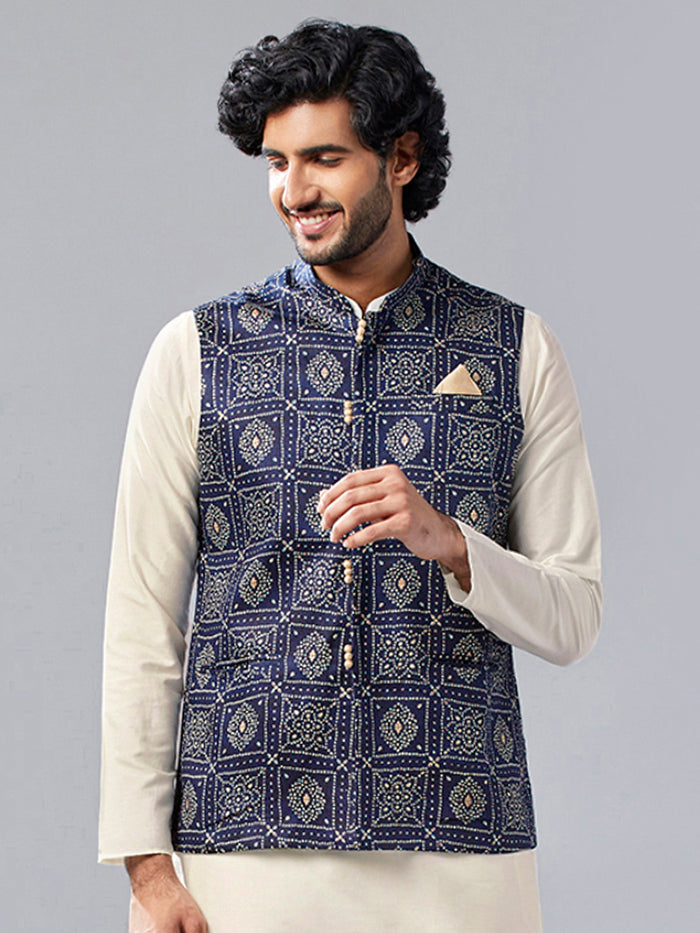 Men Navy Blue Abstract Nehru Jacket