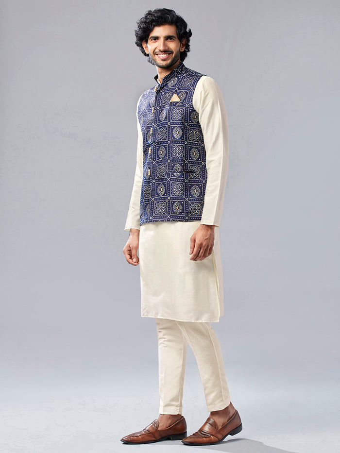 Men Navy Blue Abstract Nehru Jacket