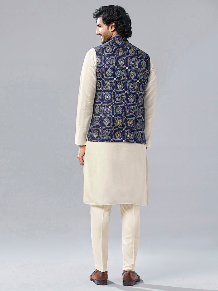 Men Navy Blue Abstract Nehru Jacket