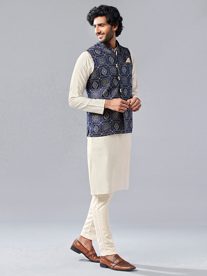 Men Navy Blue Abstract Nehru Jacket