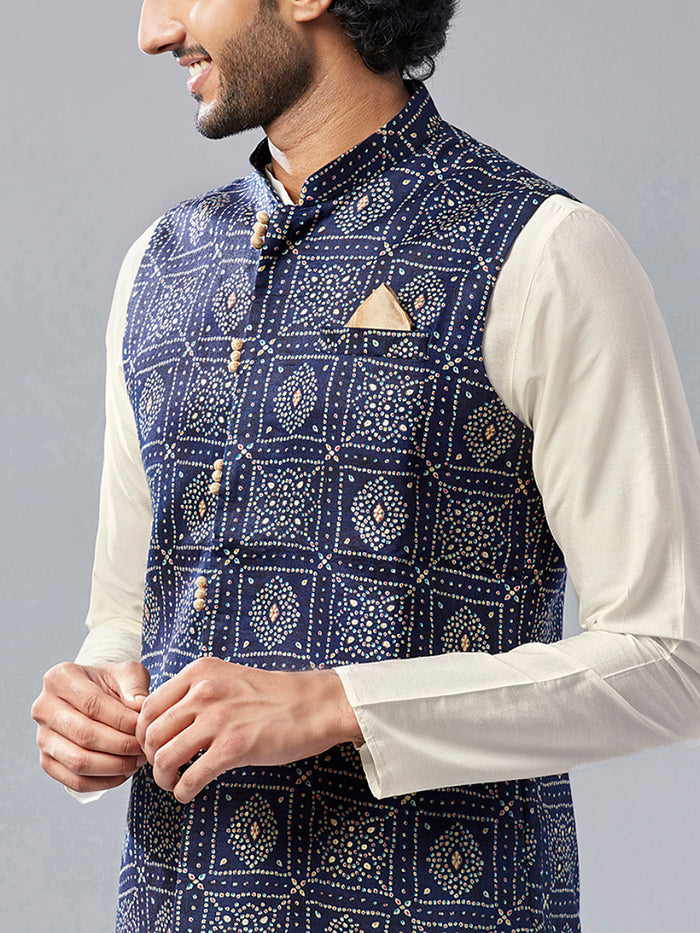 Men Navy Blue Abstract Nehru Jacket