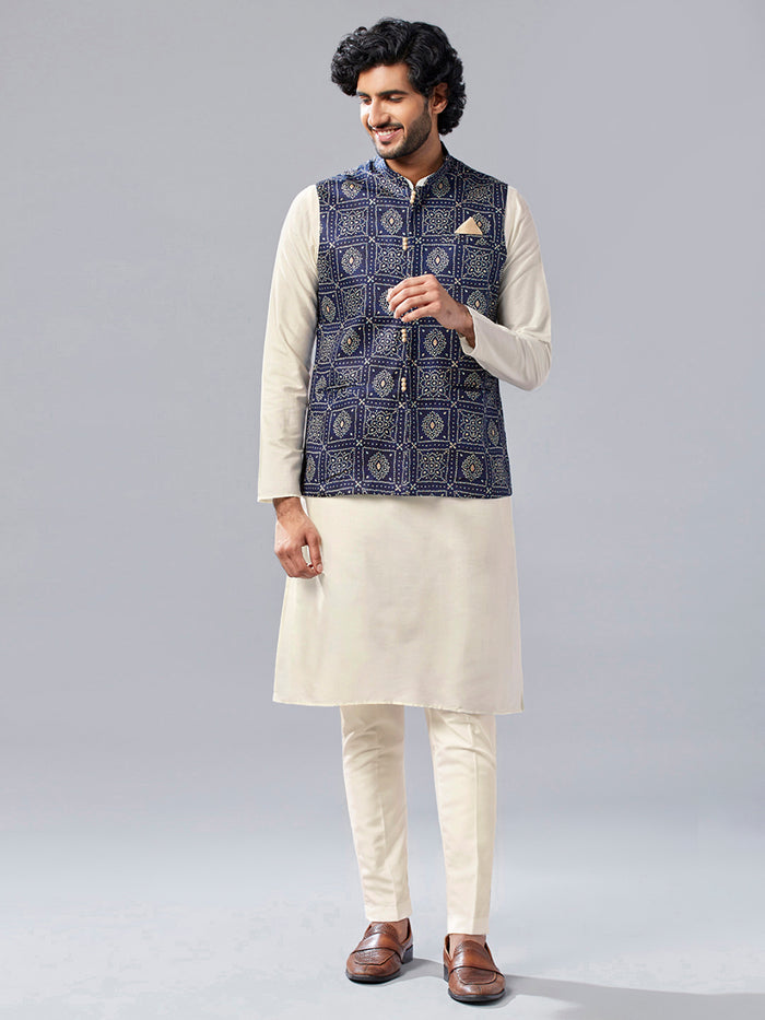 Men Navy Blue Abstract Nehru Jacket