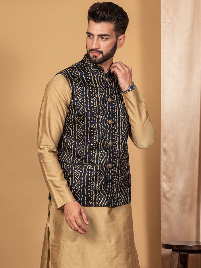 Men Navy Blue Bandhani Nehru Jacket