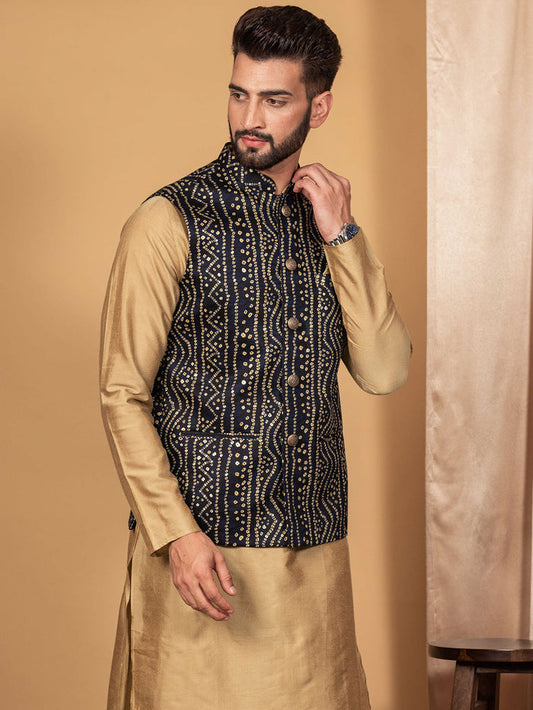 Men Navy Blue Bandhani Nehru Jacket