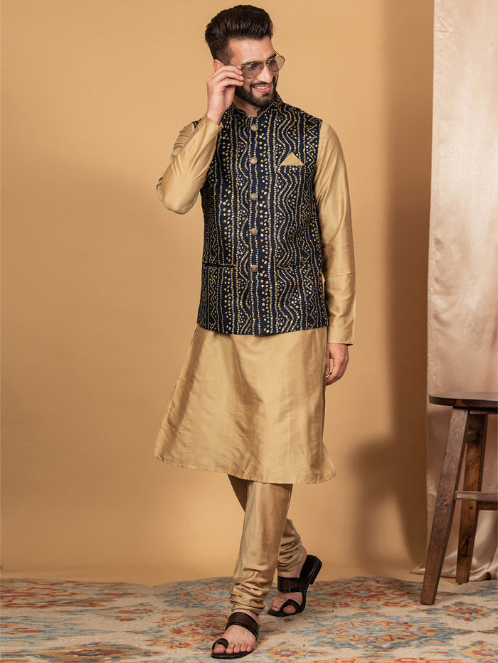 Men Navy Blue Bandhani Nehru Jacket