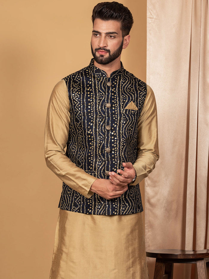 Men Navy Blue Bandhani Nehru Jacket