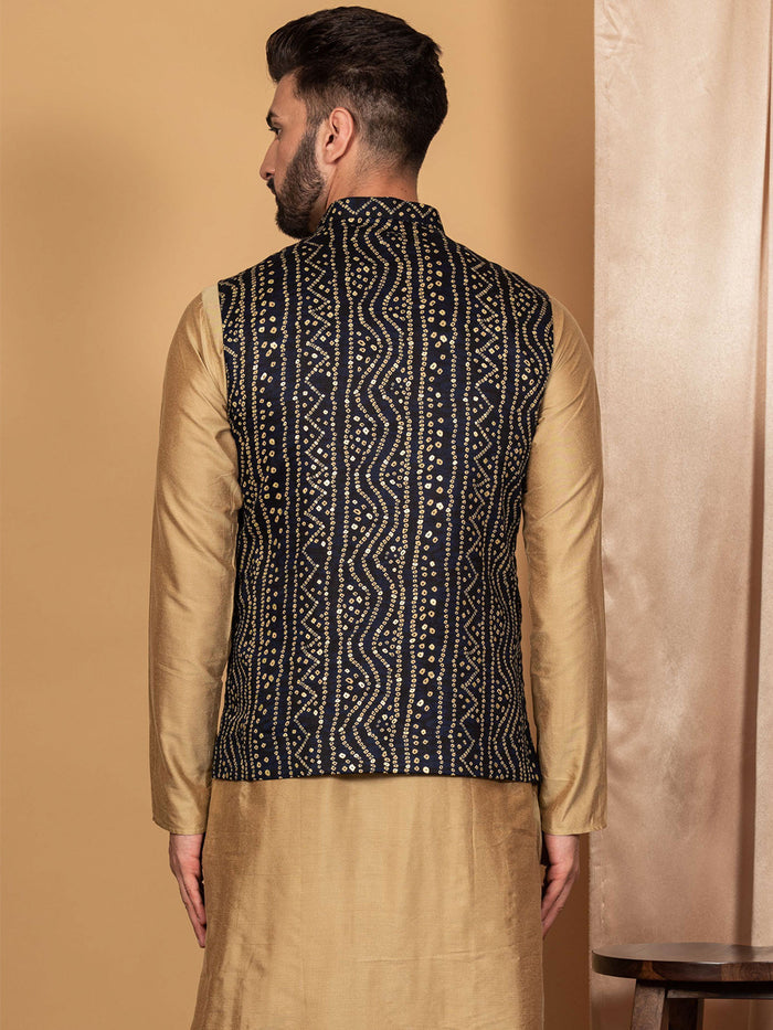Men Navy Blue Bandhani Nehru Jacket