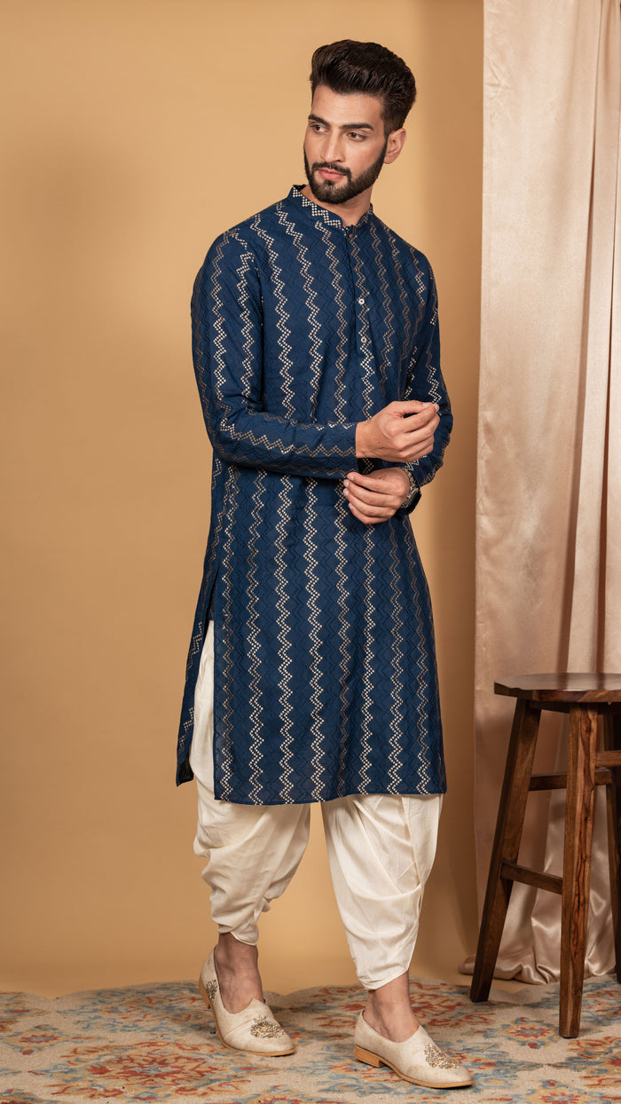 Men Navy Blue Chevron Textured Kurta Dhoti Set