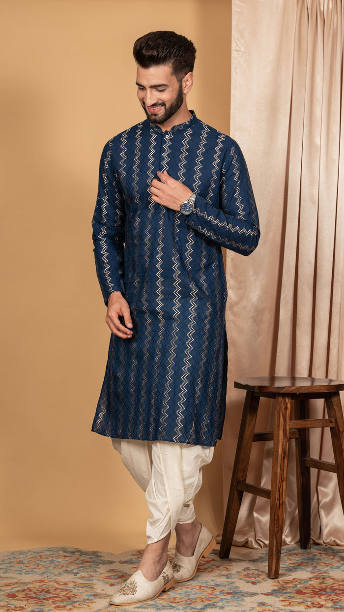 Men Navy Blue Chevron Textured Kurta Dhoti Set