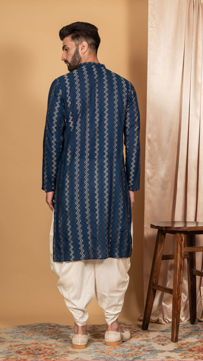 Men Navy Blue Chevron Textured Kurta Dhoti Set