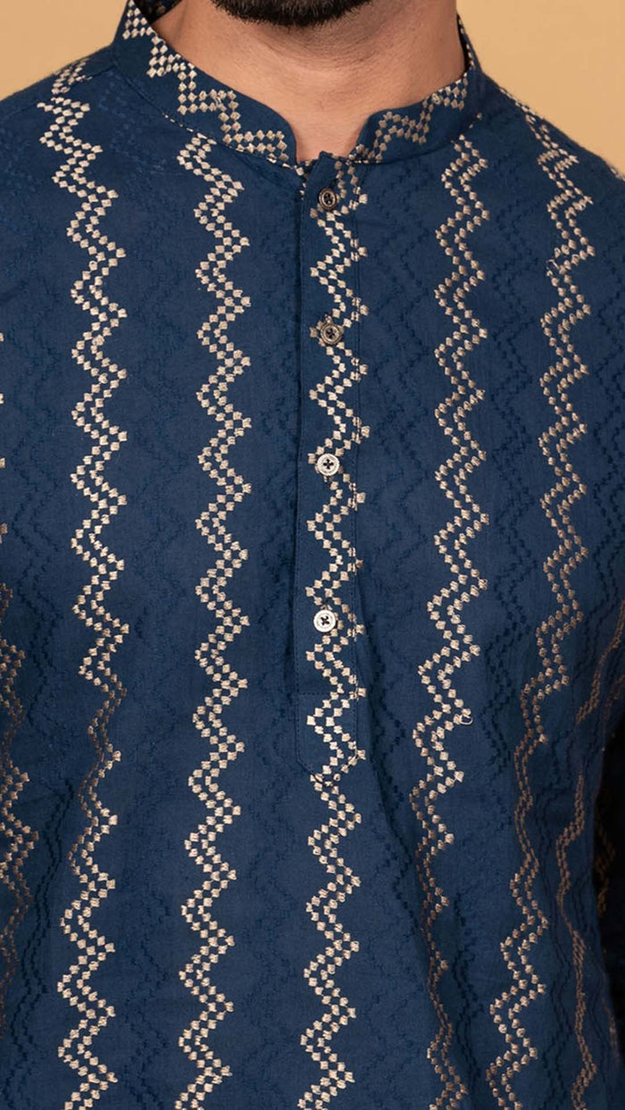 Men Navy Blue Chevron Textured Kurta Dhoti Set