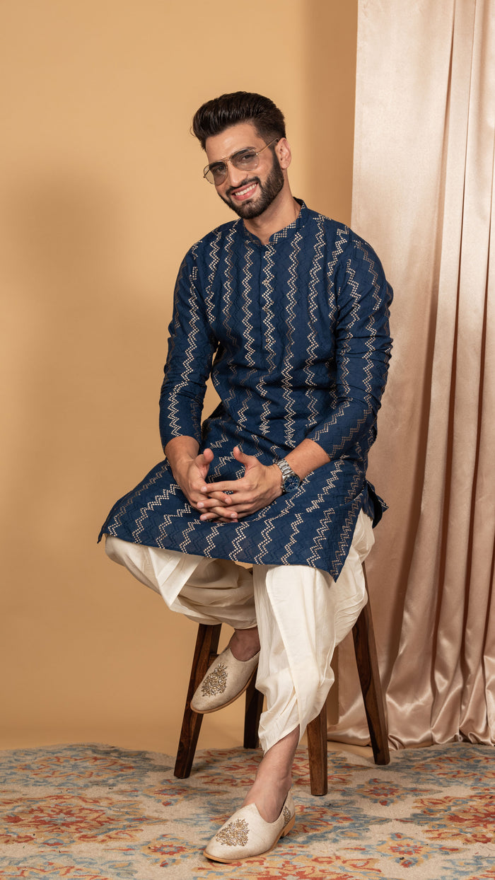 Men Navy Blue Chevron Textured Kurta Dhoti Set