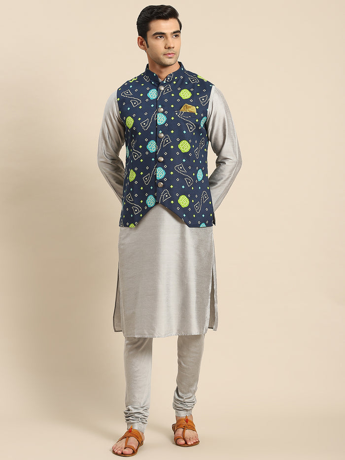 Men Navy Blue Kurta Jacket Set