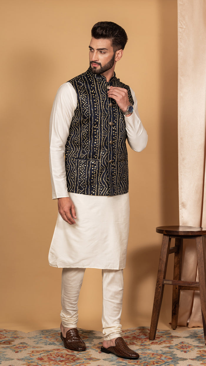 Men Navy Blue Kurta Jacket Set