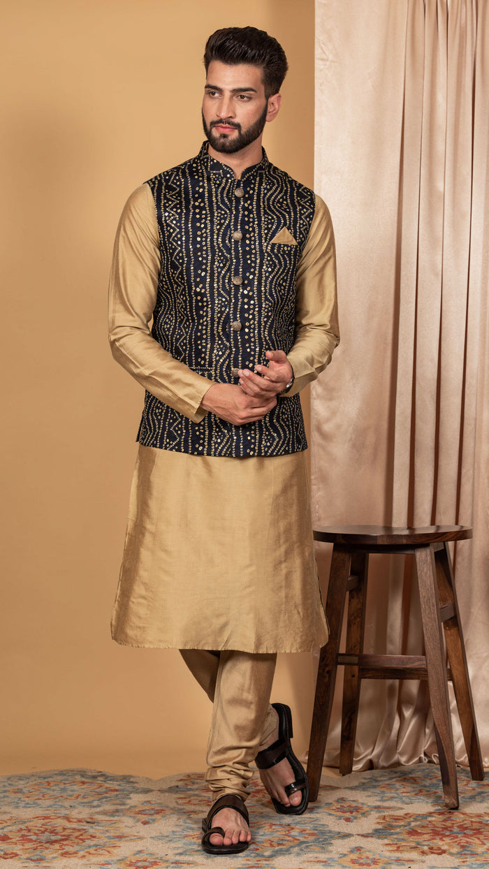 Men Navy Blue Kurta Jacket Set
