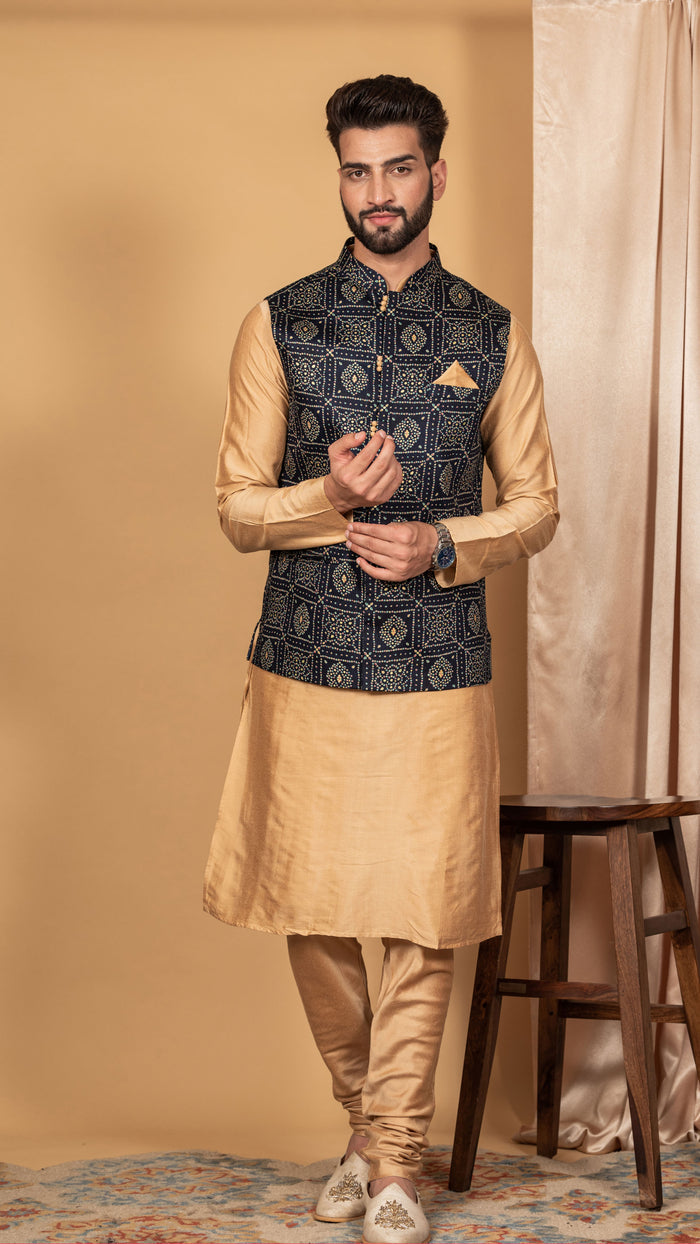 Men Navy Blue Kurta Jacket Set
