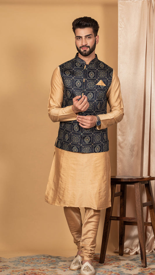 Men Navy Blue Kurta Jacket Set