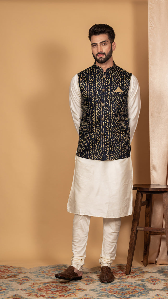 Men Navy Blue Kurta Jacket Set