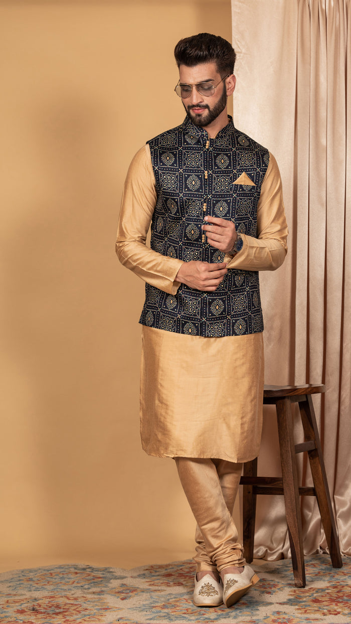 Men Navy Blue Kurta Jacket Set