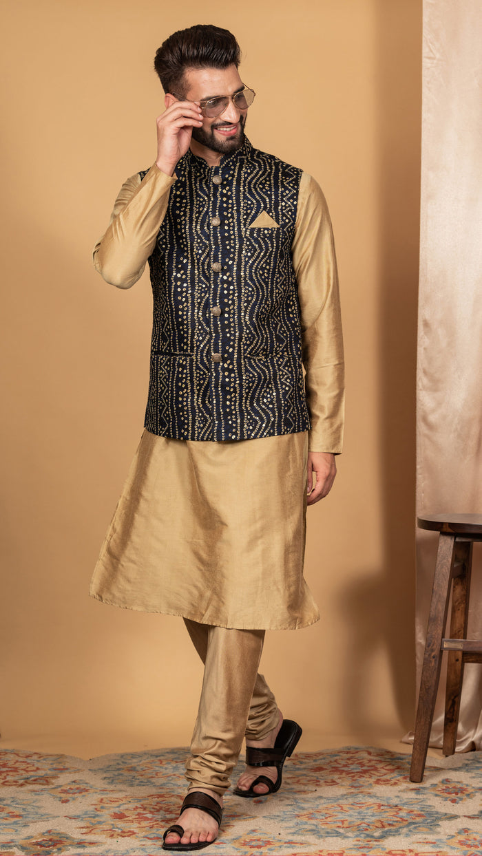 Men Navy Blue Kurta Jacket Set