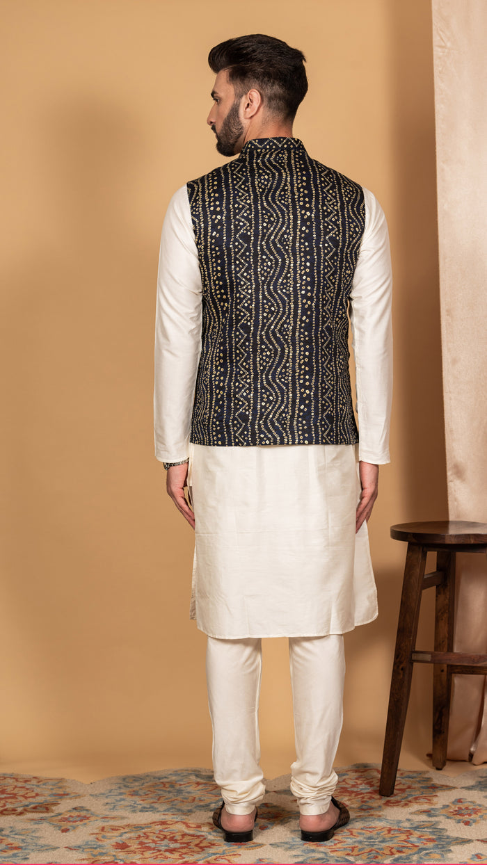 Men Navy Blue Kurta Jacket Set