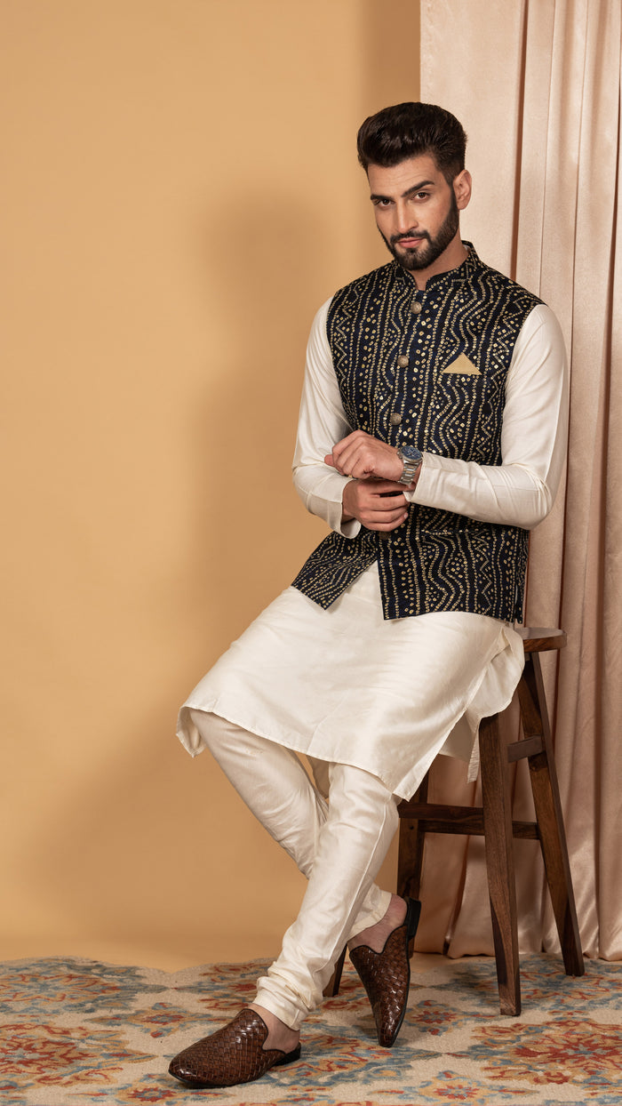 Men Navy Blue Kurta Jacket Set