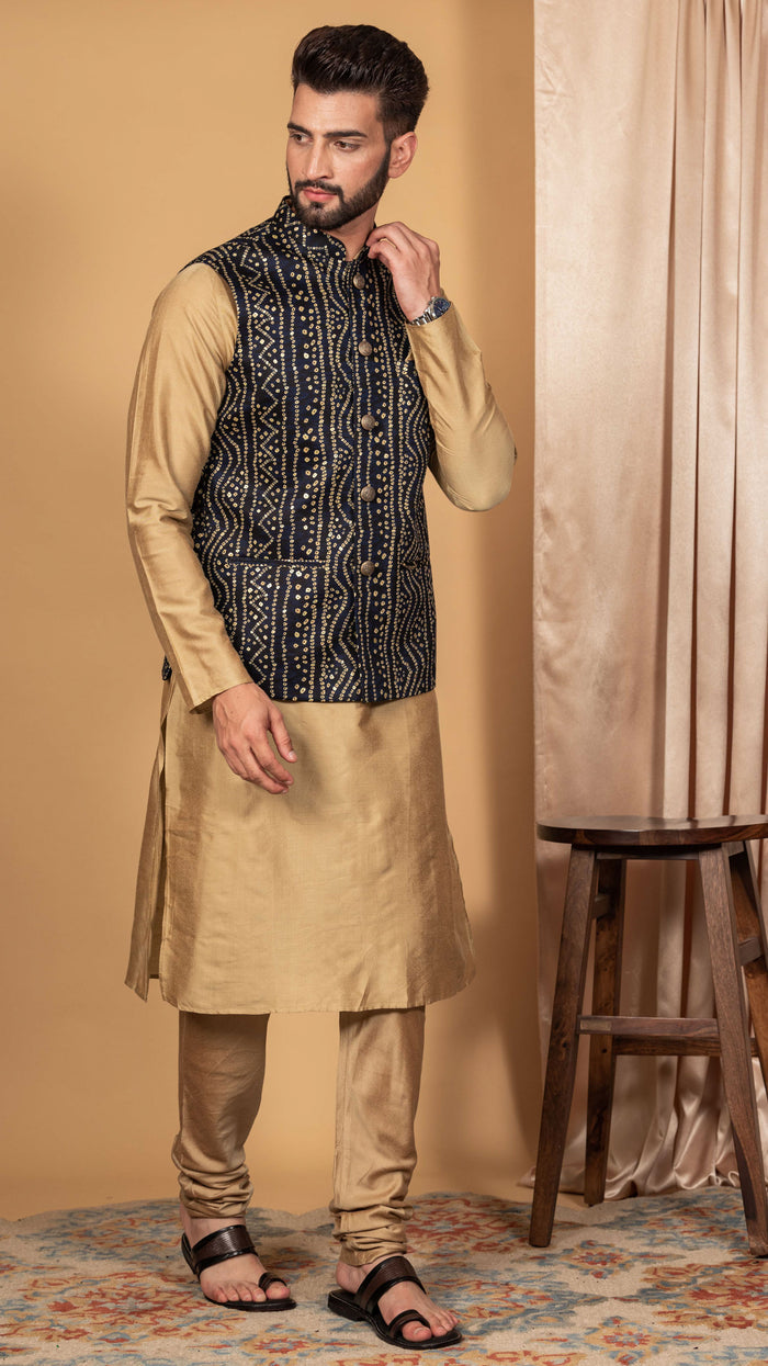 Men Navy Blue Kurta Jacket Set
