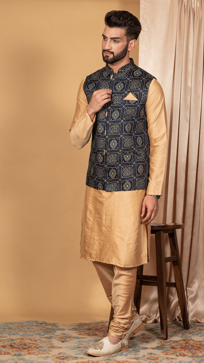 Men Navy Blue Kurta Jacket Set
