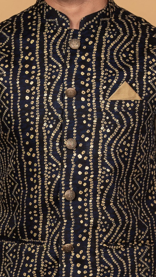 Men Navy Blue Kurta Jacket Set