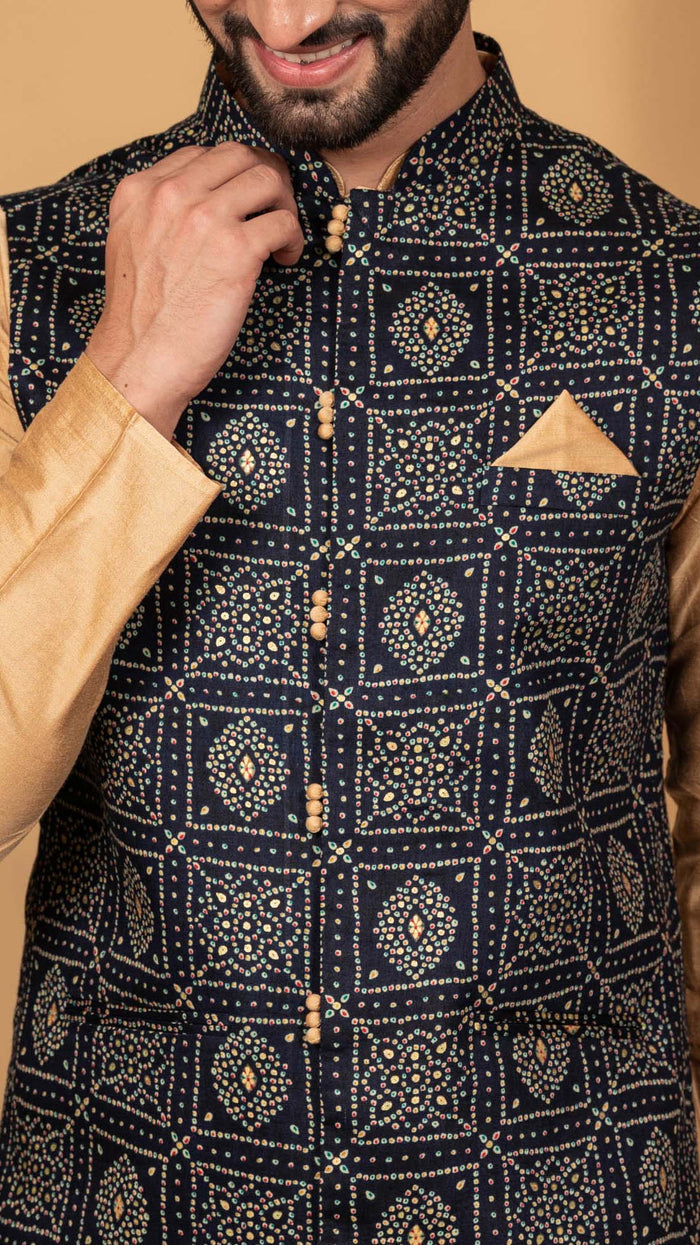 Men Navy Blue Kurta Jacket Set