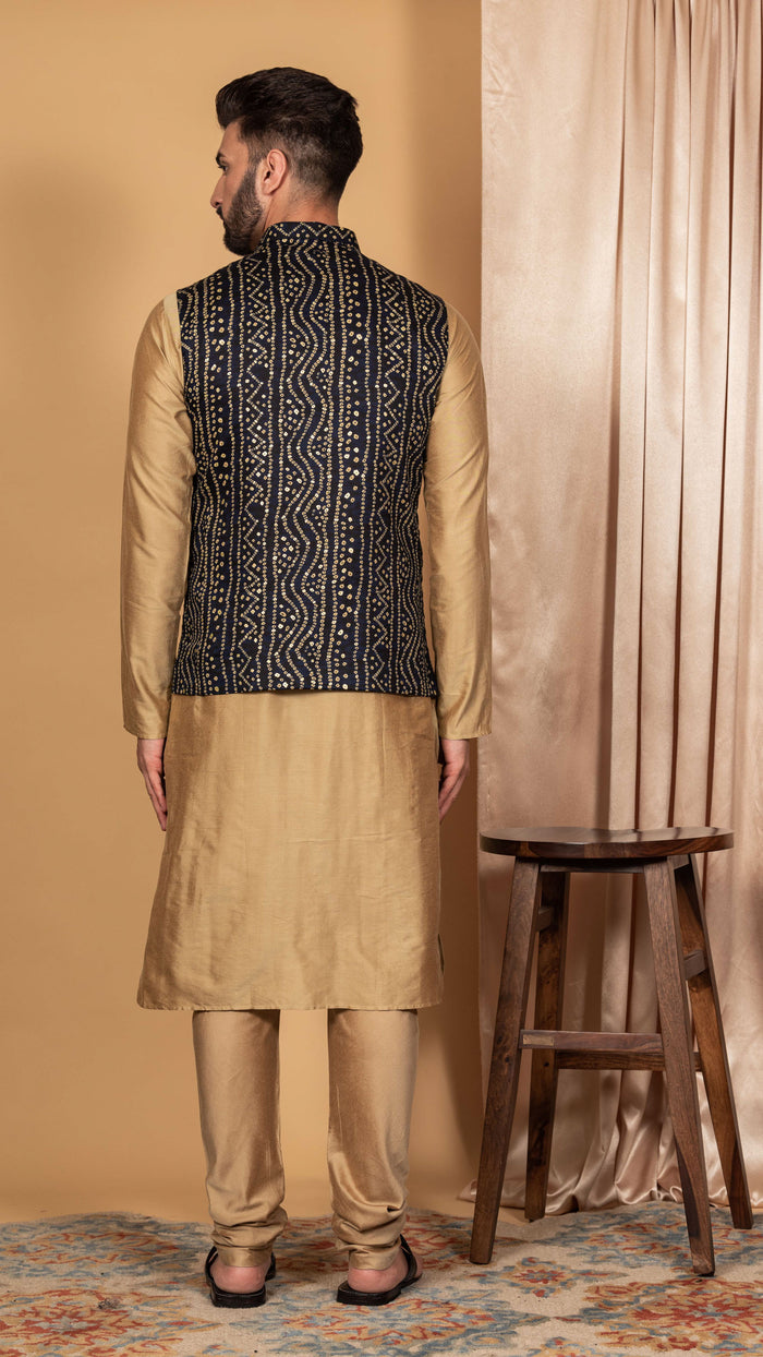 Men Navy Blue Kurta Jacket Set