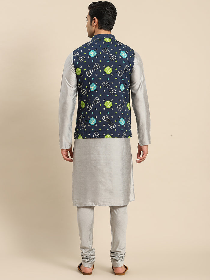 Men Navy Blue Kurta Jacket Set