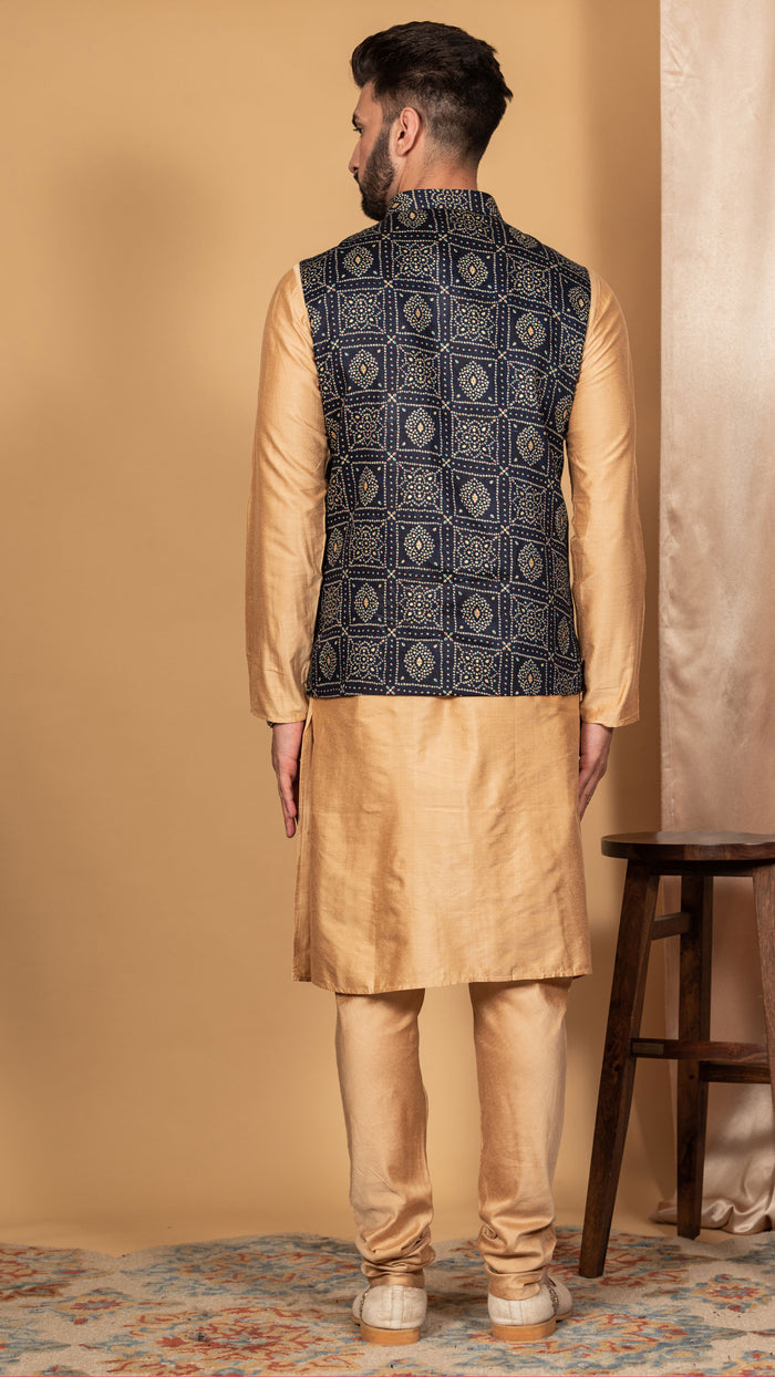 Men Navy Blue Kurta Jacket Set