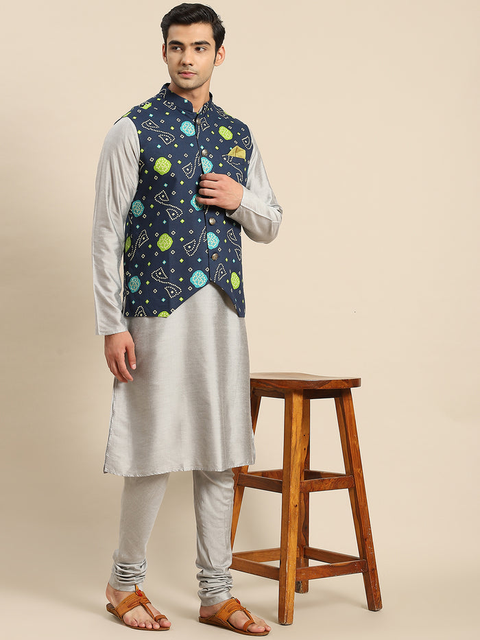 Men Navy Blue Kurta Jacket Set