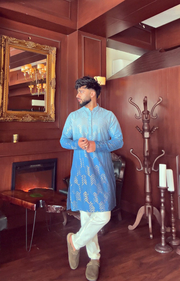Men Navy Blue Kurta Set