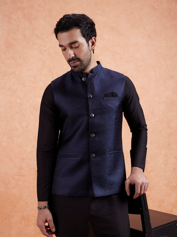 Men Navy Blue Textured Nehru Jacket