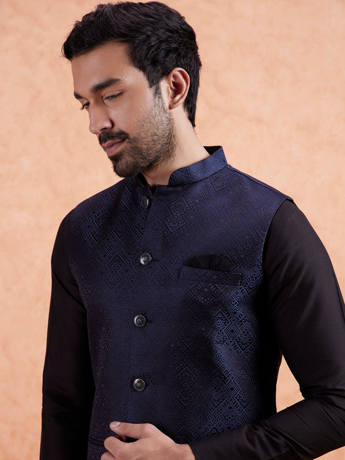 Men Navy Blue Textured Nehru Jacket