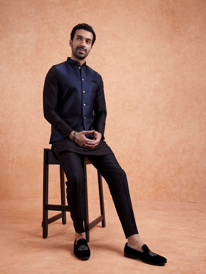 Men Navy Blue Textured Nehru Jacket