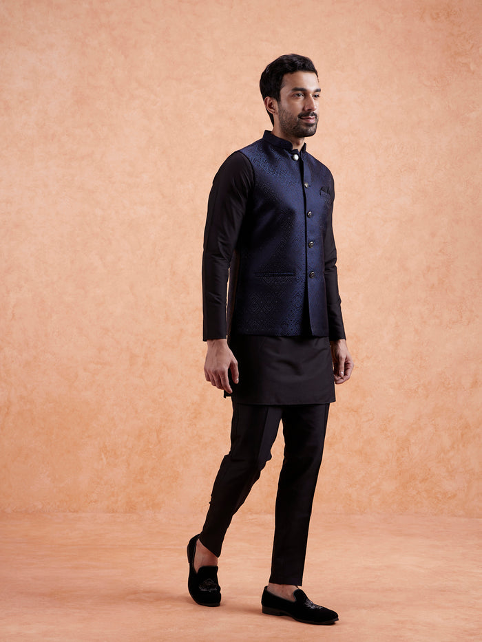 Men Navy Blue Textured Nehru Jacket