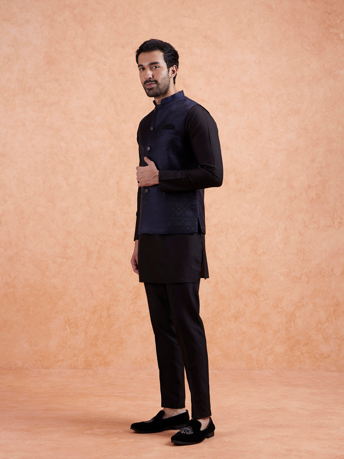 Men Navy Blue Textured Nehru Jacket