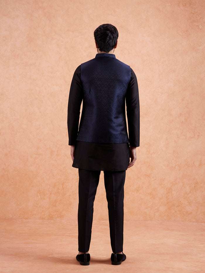 Men Navy Blue Textured Nehru Jacket