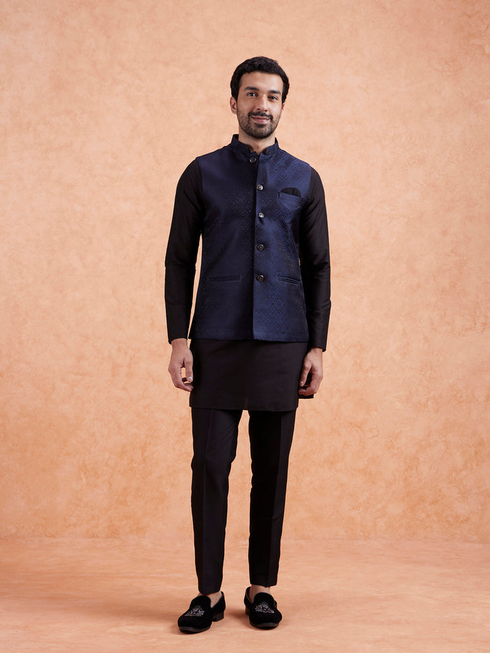 Men Navy Blue Textured Nehru Jacket