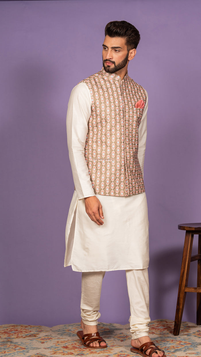 Men Olive Kurta Jacket Set