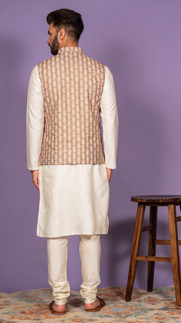 Men Olive Kurta Jacket Set