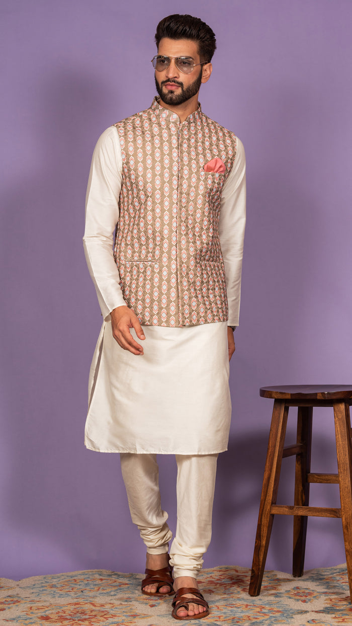 Men Olive Kurta Jacket Set