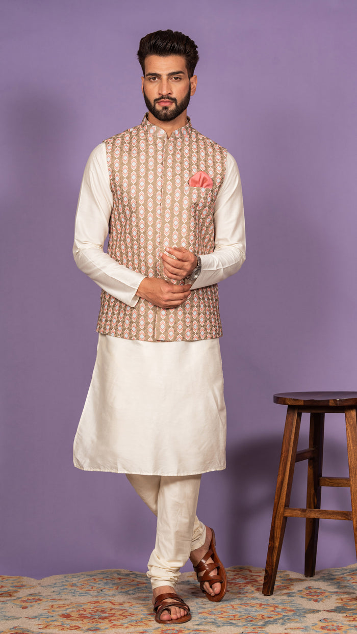 Men Olive Kurta Jacket Set