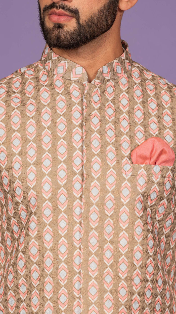 Men Olive Kurta Jacket Set