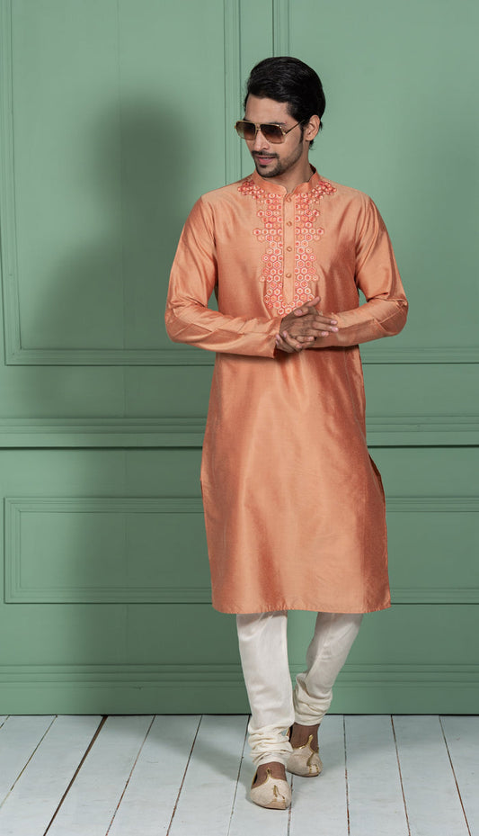Men Peach Embellished Kurta