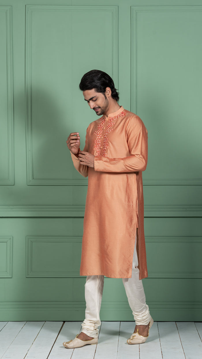 Men Peach Embellished Kurta